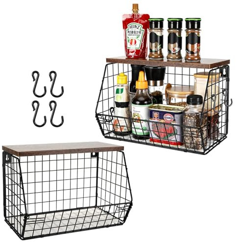 Sprifityy Fruteros de Cocina,Apilable & Alambre Colgantes Cestas fruta con Tapa de Madera, para Almacenar Fruteira y Aperitivos (1)