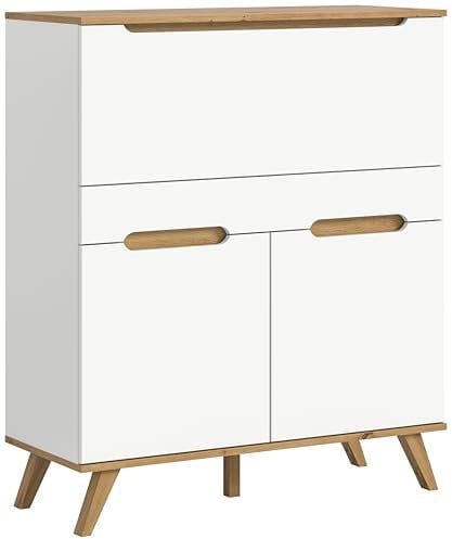 xonox.home Wohnzimmer Stockholm Sekretär Schreibschrank Schrank Stauraumschrank in weiß Absetzung Nox Oak, ca.100x118x40 cm