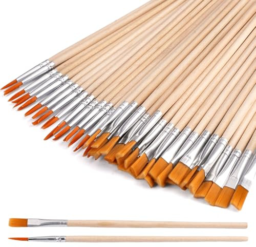 Set de 60 Pinceles de Madera Finos, 30 Planos Pequeños y 30 Puntiagudos para Pintura Acrílica, Acuarela, Oleo y Arte en Piedra – Pinceles Miniaturas Ideal para Niños, Adultos y Dibujos Detallados