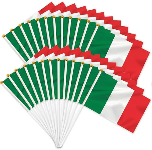 25 Pièces Petit Drapeau Italien, Mini Drapeaux à main Vert Blanc Rouge avec Baguette en Plastique, Petit Drapeau Italien avec Bâton pour Décoration Football et Jeux (14 x 21 CM)