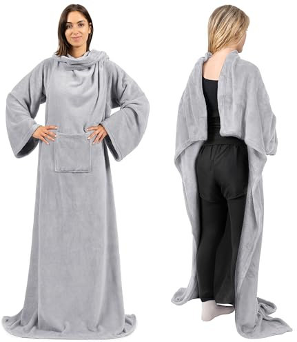 PAVILIA Wearable Blanket with Sleeves for Adults Women Men, Light Grey Fleece Soft Warm Full Body Wrap Throw, Front Pocket, Cozy Robe Blanket with Arm, Gifts for Christmas, Mom Wife