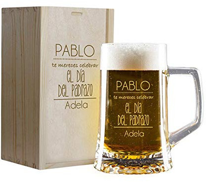CALLE DEL REGALO Jarra de Cerveza grabada con vuestros Nombres en Estuche de Madera también Grabado