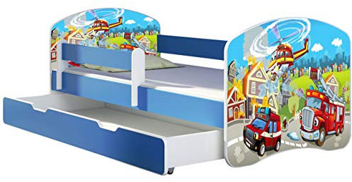 ACMA Kinderbett Jugendbett mit Einer Schublade und Matratze Blau mit Rausfallschutz Lattenrost II 140x70 160x80 180x80 (36 Feuerwehr, 180x80 + Bettkasten)