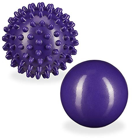 Relaxdays 2 x Massageball, glatt & mit Noppen, hart, wassergefüllt, Selbstmassage, Igelball, Faszienball, Ø 6,5 & 7 cm, lila