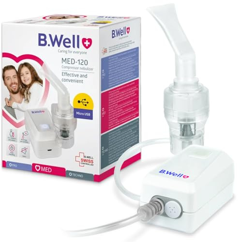 B.Well MED-120 Kompressor-Vernebler | kompaktes Reise-Inhalationsgerät | Schweizer Qualitätsstandards: Geeignet für Inhalationslösungen. Superkompakt mit Masken für Kinder und Erwachsene.