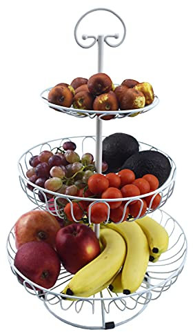 Azatemgo Cesta de Frutas de 3 Niveles - Fruteros de Cocina Metal Gran Capacidad - Soporte para Frutas / Tazones de Fruta - Blanco 30 x 45 cm