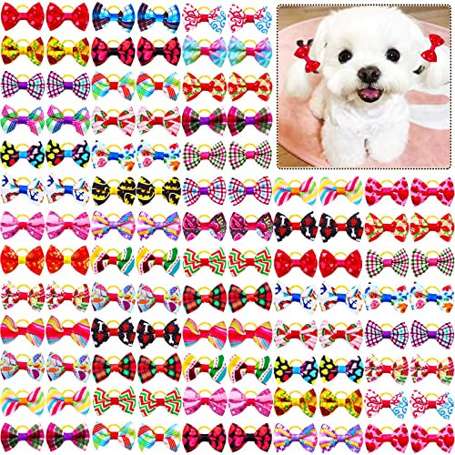 Mruq pet 100 Stück/50 Paar Schleifen für Hunde, Blumen-Karo-Schleifen mit Gummibändern, Welpenhaarschleifen, niedliches Haustier, kleine Yorkie, Shih, Tzu, Hunde-Schleifen, Haarpflege-Zubehör