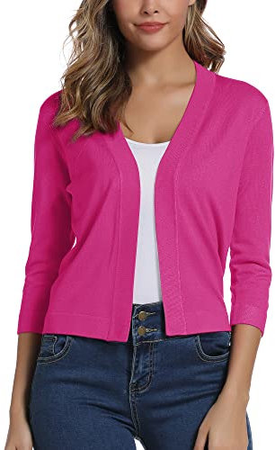 EXCHIC Femmes Elegant Manches 3/4 Ouvert Devant Boleros Cardigan Gilet(M, Rose Rouge)