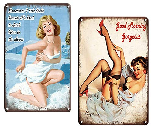 Gad2go 2 Pcs Vintage Metal Tin Wall Sign Plague Poster Pin Up Girl Tin Sign Poster Wall Decor for Beer Club Bar Pub Cafe Home (20x30cm)