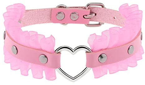 Flongo Ras du Cou pour Femme Fille Collier Rose Simple Polyvalent Dentelle Coeur Forme Réglable en Cuir Corde Collier Boucle de Ceinture