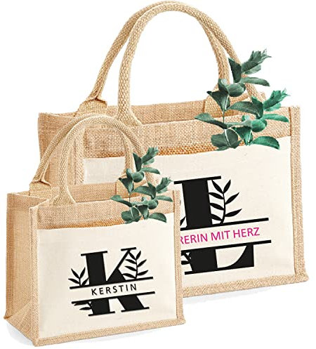 AMBERGER DESIGN by A&M Osterhage amd Jute-Tasche personalisiert Initial & Name geteilt personalisiert Wunschname Icon Auswahl | Kleine oder Mittlere Größe Geschenk-Tasche Größe S od.L