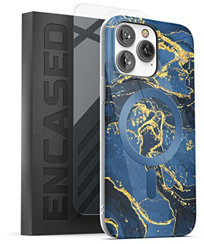 Encased Magnetic Case for iPhone 14 Pro Max with Screen Protector - Compatible with MagSafe Phone Accessories (Blue Marble)