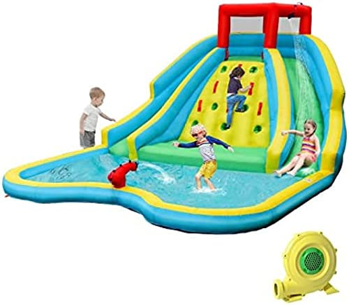 Inflatable Water Park, 5 In 1 Bounce House With 2 Slides, Climbing Wall, Large Splash Pool, Water Gun, Outdoor Jumping Castle With Carrying Bag, Repairing Kit, Hose, Stakes,With 750w Blower,Collec