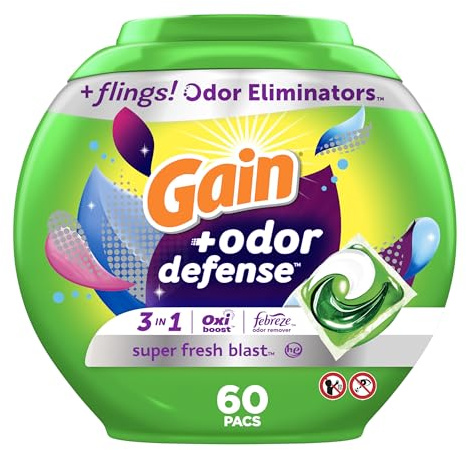 Gain Flings Detersivo per bucato Pacs con difesa degli odori 60 ct Super Fresh HE 3in1 Detergente Pacs con Febreze e Oxi