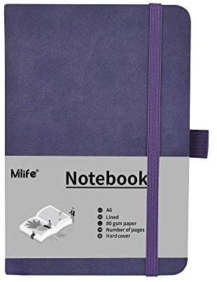 Mlife A6 Klein Journal Notizbuch, 192 Seiten, A6 Notizbücher Mini Hardcover mit elastischem Verschlussband und Falttasche(Lila)