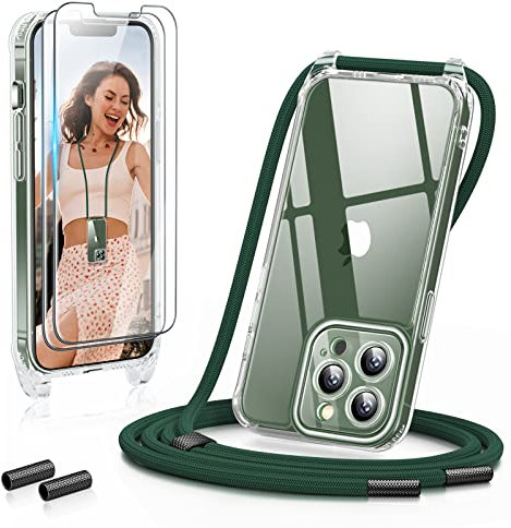 GOODVISH 3 in 1 Handykette für iPhone 13 Pro 6,1, mit 2 Stück Schutzfolie | 360°-Schutz | Kameraschutz | Necklace Hülle mit Band Handyhülle für zum Umhängen | Transparent Case mit Schnur-Dunkelgrün