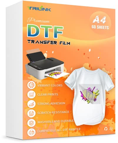 TRILINK DTF Transferfolie Papier A4 (21 x 29,7 cm) - 60 Blatt, Premium doppelseitig matt klar PreTreat Blätter - PET Wärmetransferpapier für Sublimationsdrucker Direktdruck auf T-Shirts Textil