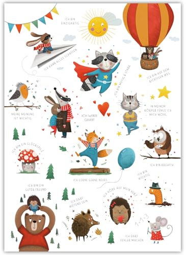 Naturforscher Poster d'affirmation pour enfants – pleine conscience pour enfants – Décoration pour chambre d'enfant – Animaux de la forêt – DIN A3