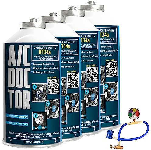 AC DOCTOR Kit 4 x Gas Refrigerante Orgánico Ecológico sustituto del R134a para recarga aire acondicionado de coche de 1995-2016 y manguera con manómetro