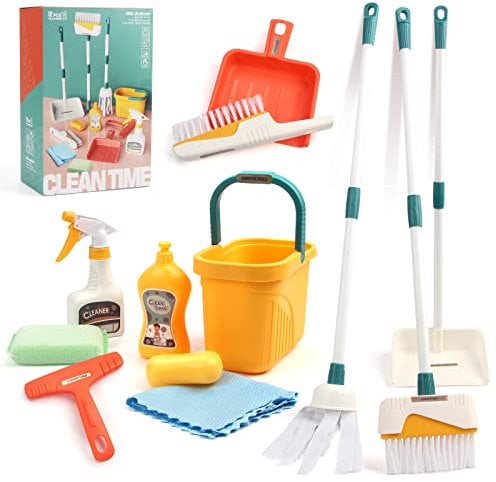 Escoba Juguete, 12 Piezas Set Limpieza Juguete, Escoba y recogedor niños, Juego de Juguetes para niños con mopa, paños de Limpieza, Esponja de Limpieza