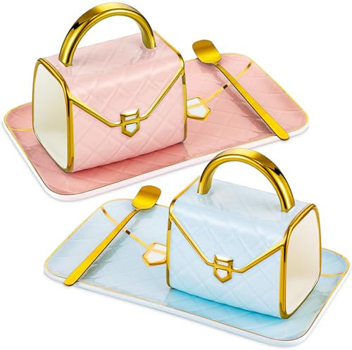 Nitial 2 Sets Mug and Saucer Set Handbag Coffee Mug and Saucer Handbag Shaped Coffee Mug Ceramic Tea Cup with Saucer Spoon 10 oz/ 310 ml Purse Gift Mug for Office Home Coffee (Pink, Blue)
