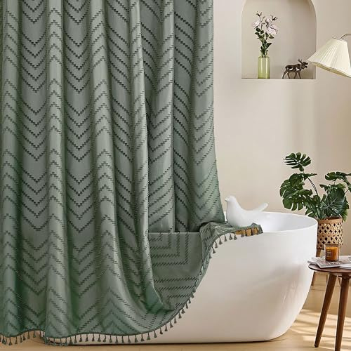 Rideau de douche bohème à pampilles, en tissu tissé touffeté à chevrons rayés, 182,9 x 182,9 cm, rideau de douche moderne texturé pour salle de bain, Vert sauge