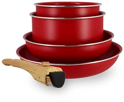 MENASTYL - Batterie de cuisine amovible revêtement antiadhésif céramique sans PFAS/PTFE - 2 poêles 22/26cm, 2 casseroles 16/18cm, 1 poignée - Tous feux dont induction – Alu recyclé Magenta - 6020585