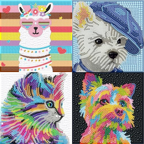 4er Set 5D Diamond Painting Kinder Tiere-Set Full Diamant Painting Bilder Kinder Tiere,DIY Mosaikherstellung Basteln Mädchen Junge 6 7 8 9 10 11 12 Jahre,Geschenk Kinder Ab 6 Jahre 15x15cm