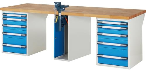eurokraft | Werkbank | Baukastensystem Serie 7000 | 10 Schubladen | 1 Schraubstock mittig | BxT 2500 x 900 mm
