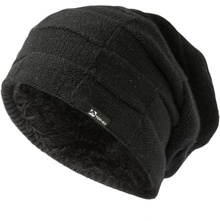 TOP-EX XL/XXL 100% Merino Wolle Slouch Beanie Herren Mütze Damen Winter Warm Fleece Strickmuetze Schwarz