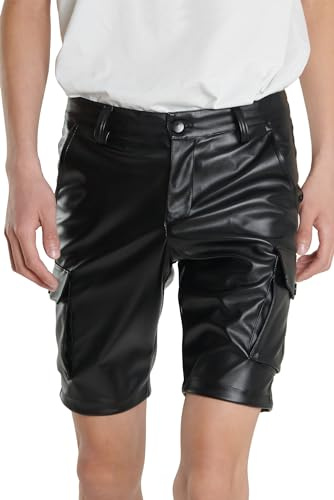 AIEOE Herren Lederhose Kurz Slim Fit Biker Shorts PU Kunstleder Kurze Hose Stretch Dünn Casual Bleistift Lederjeans Schwarz Weiß 30-42