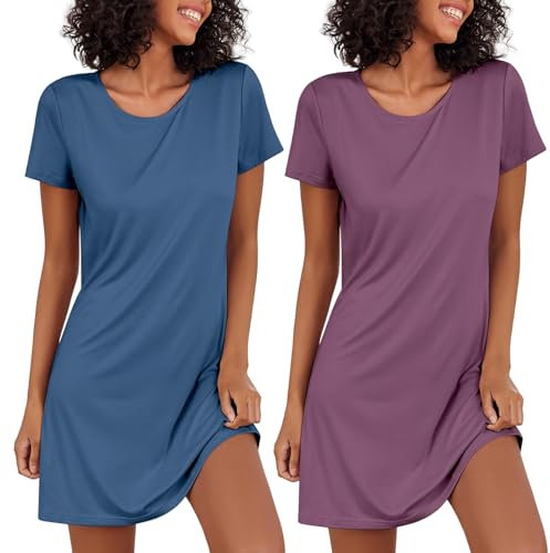Ekouaer Camicie da Notte Donna Maniche Corte Estiva Corta Vestito da Notte Nightdress Girocollo 2pcs, Blu+Viola, XXL
