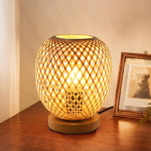 Dorlink Lampe de Table E27 Bohème, Lampe de Chevet Bois Bambou, Lampe de Table Intérieure Dimmable avec Câble de 1,8M, Lampe de Lecture pour Chambre, Salon, Bureau, Bar(Sans Ampoule)