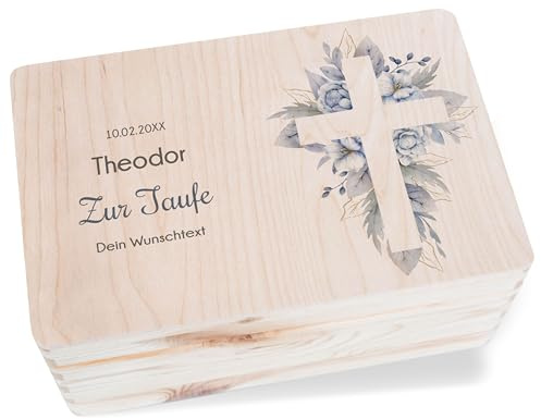 Shirtracer Erinnerungsbox Baby personalisiert Taufe Kreuz Blumen | Holz, 30x20x14 cm, Täufling, Patenkind, Segen, Taufgeschenke
