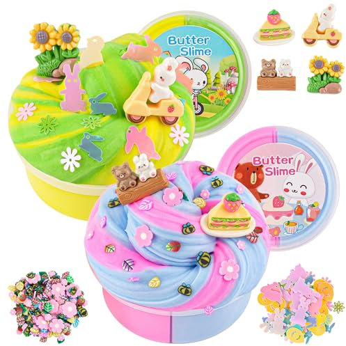 LAWOHO Butter Slime Set -2X120ml Fluffy Butter Schleim mit 6 Packungen Slime Add-Ins, Kinder Schleim Selber Machen Set, Schleim Kinder Set für Mädchen Jungen Halloween Weihnachten Geschenke(Picknick)