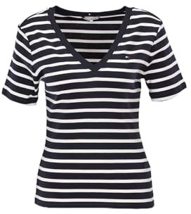 Tommy Hilfiger Camiseta de Manga Corta para Mujer New Slim Cody V-Neck con Cuello de Pico, Multicolor (Nos Breton Desert Sky/Ecru), XS