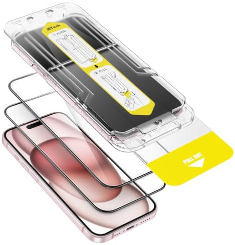 JETech Full Coverage Screen Protector for iPhone 15 6.1-Inch, 10-Second Super Easy Installation with One-Step Alignment Tray, Bubble-Free Tempered Glass Film, HD Clear, 2-Pack