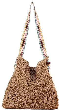 FUNSEED Sac fourre-tout vintage en paille pour femme, sac tissé creux décontracté coloré pour vacances à la plage, marron, Taille unique