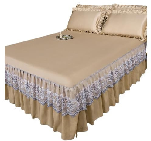 Version Lace Solid Color Bed Skirt Three Piece Set, Skin Friendly Double-layer Bed Cover, Non Slip Bed Cover(Rose gold,1.53x2.03m set)