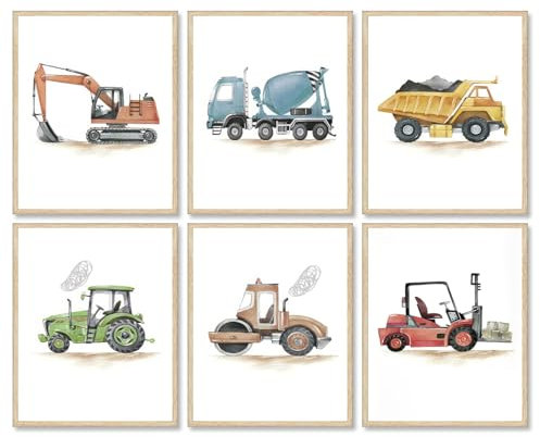 Dazzlewall 6PCS Bauauto Fahrzeug Wandbilder Poster Traktor Bagger Kran Drucke, Bauwagen Bild für Kleinkind Junge Zimmer Dekoration 20×25 cm Ungerahmt