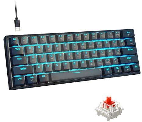 Snpurdiri 60% Wired Mechanical Gaming Keyboard (Black-Grey, Red Switches) | Ice Blue LED Backlit 61 Keys Mini Wired Office Keyboard for Windows Laptop PC Mac