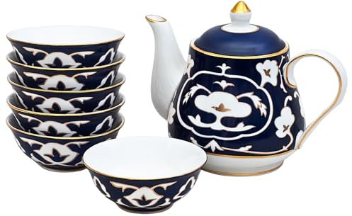Set da tè blu e bianco – Teiera in porcellana Bone China e tazze da tè da 170 ml con design vintage bianco, elegante set da tè per cucina e regalo per donne, uomini, adulti e amanti del tè