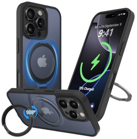 Garegce Magnetic Case for iPhone 16 Pro, Compatible with MagSafe Wireless Charging, with Built-In Stand, Shockproof TPU + Translucent Matte Hard PC Back Cover Case for iPhone 16 Pro 6,3, Matte Black