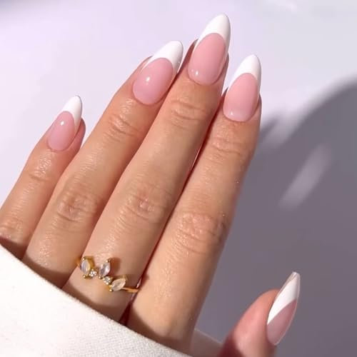 24pcs Long Press on Nails - Pink French Tip Almond Shape - False Nails with Glue - 12 Sizes Full Cover White Tips for Women Girl French Manicure