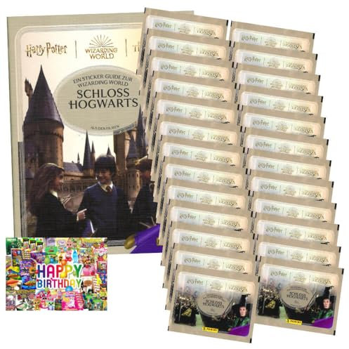 Bundle mit Panini Harry Potter Sticker Guide 3 - Schloss Hogwarts Sammelsticker (2025) - Auswahl+ Exklusive Geburtstagskarte (1 Album + 25 Tüten)