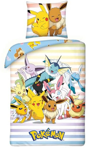 Pokemon Pikachu und Freunde Kinder Bettwäsche Set Bettbezug Wendebettwäsche 135x200 cm + Kissenbezug 80x80 cm Öko-Tex Standard Deutsche Standardgröße Baumwolle