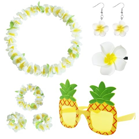 SAIIURV 6 Stück Hawaii Outfit Damen Zubehör, Hawaii Kostüm Accessoires Blumenketten Blume Armbänder Ananas Sonnenbrille Stirnband Ohrringe für Hawai Luau Party Supplies