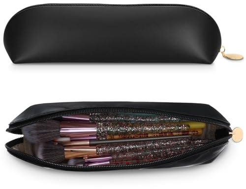 1 PCS PU Travel Makeup Brush Holder Bag with Zipper Portable Travel Cosmetic Pouch Small Black Make up Brush Traveling Case Multi-Functional Organizer for Women Men Outdoor Organization