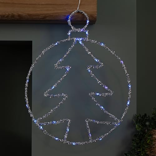 49cm Battery Powered Light up Christmas Silver Tree Ball with Twinkling Blue LEDs