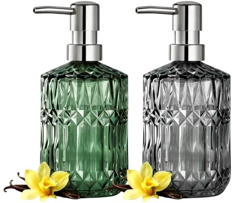 Gykutix 2 Stück 450ml Seifenspender Glas Soap Dispenser Nachfüllbare Handseifenspender für Geschirrspülmittel, ätherisches Öl,Shampoo Lotion(Grü+Gray)